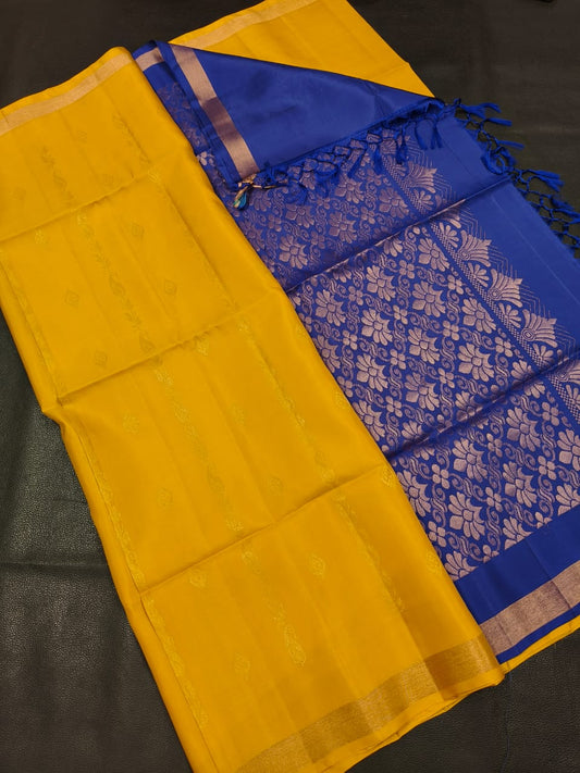 Yellow with Blue Soft Silk Saree