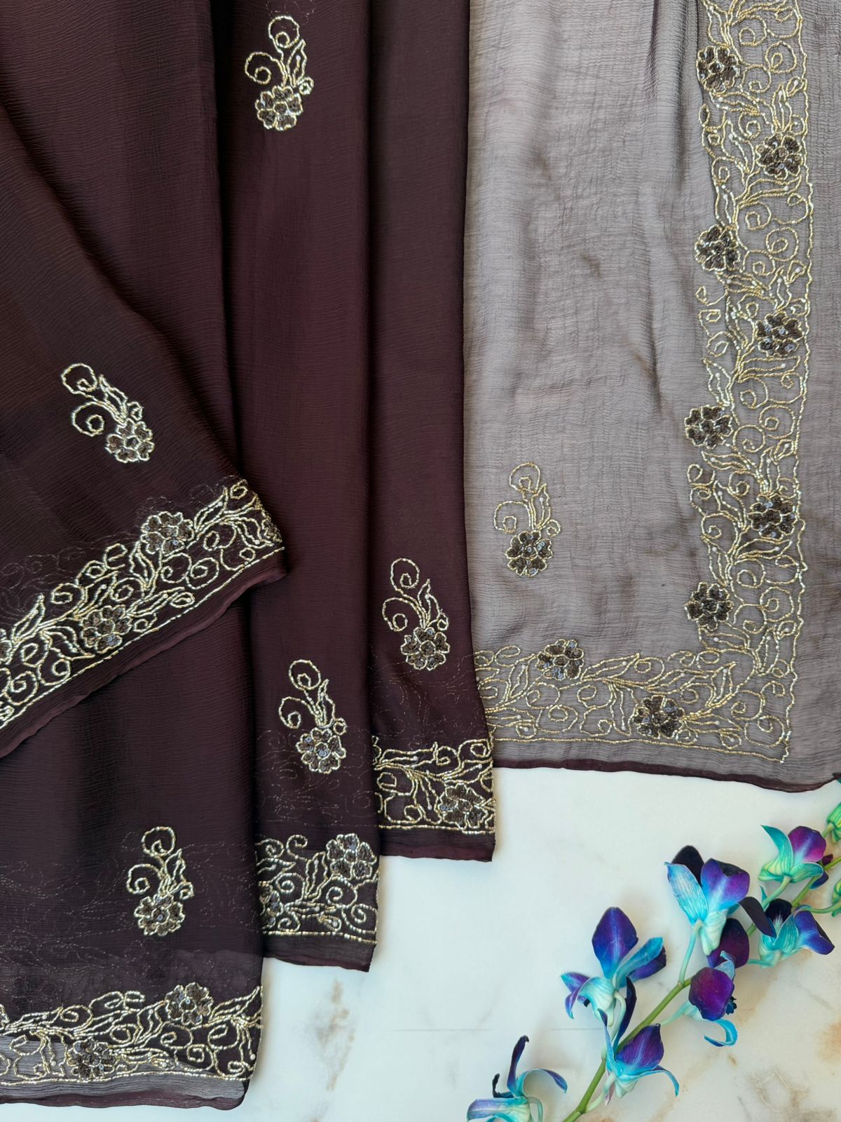 Wine color  chiffon  Saree USA