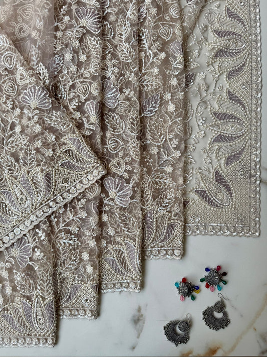 Silver designer net saree
